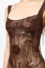 Sequin corset bodysuit in chocolate brown
