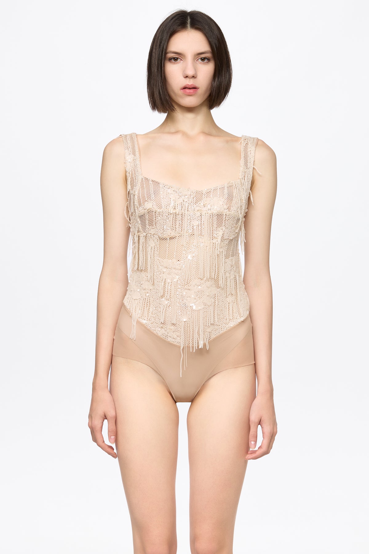 Sequin corset bodysuit in vanilla