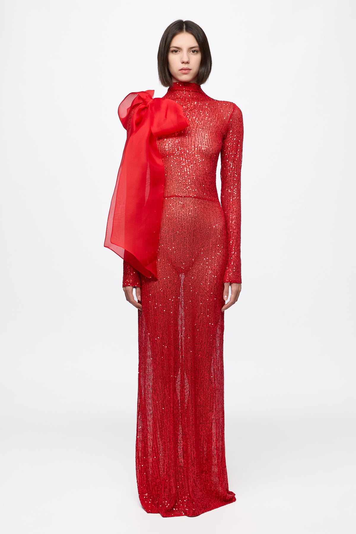 High neck sequin dress with organza bow detail