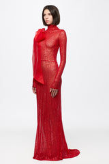 High neck sequin dress with organza bow detail