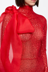 High neck sequin dress with organza bow detail