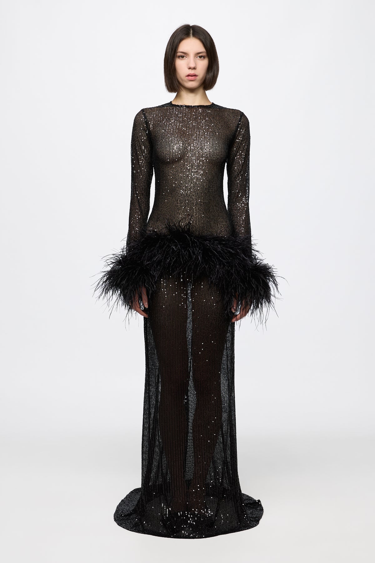 High neck sequin dress with feathers