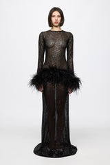 High neck sequin dress with feathers
