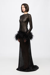 High neck sequin dress with feathers