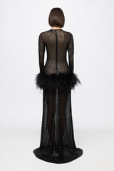 High neck sequin dress with feathers