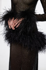 High neck sequin dress with feathers
