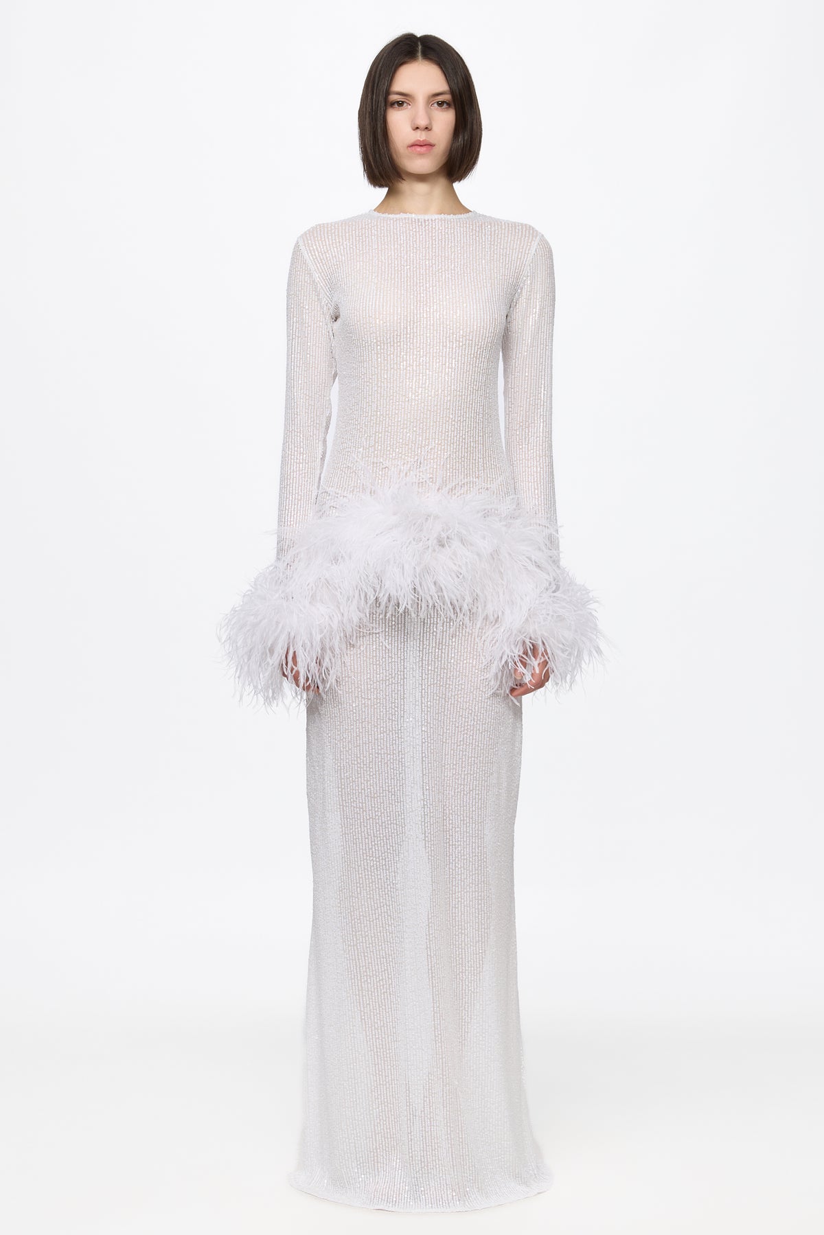 High neck sequin dress with feathers