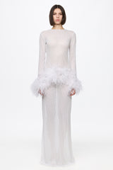 High neck sequin dress with feathers