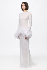 High neck sequin dress with feathers