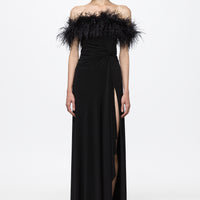 Black dress with open shoulders and feathers