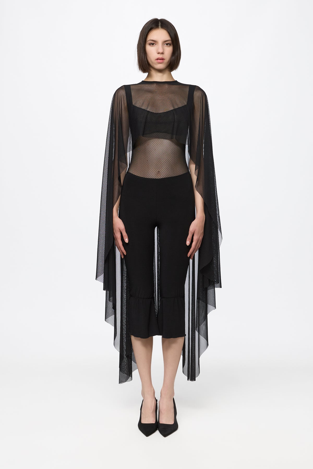 Black mesh with dots bodysuit and cape set