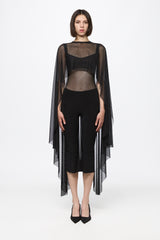 Black mesh with dots bodysuit and cape set