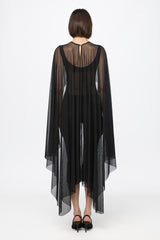 Black mesh with dots bodysuit and cape set