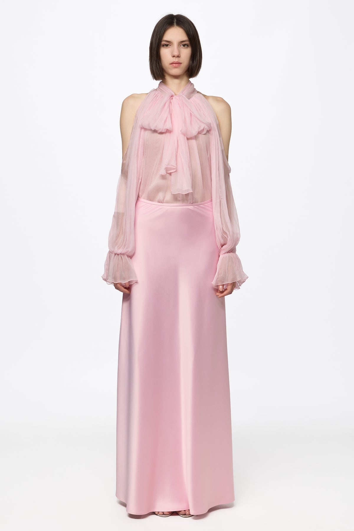 Pink satin long skirt