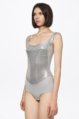 Silver sequin square neck bodysuit