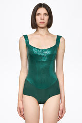 Green sequin square neck bodysuit