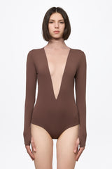 Brown bodysuit with a deep V-neck