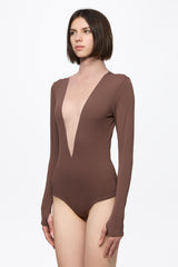 Brown bodysuit with a deep V-neck