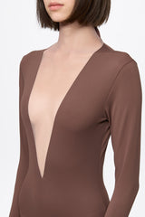 Brown bodysuit with a deep V-neck