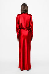 Navy V-neck long-sleeve gown in red