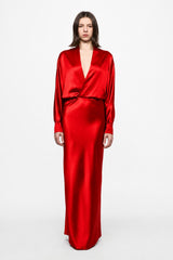 Navy V-neck long-sleeve gown in red